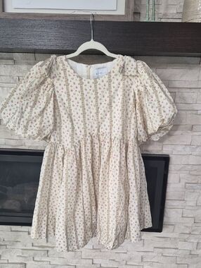 MABLE Puff Sleeve Baby Doll Mini Dress, Cream Floral Print Bow Details Small